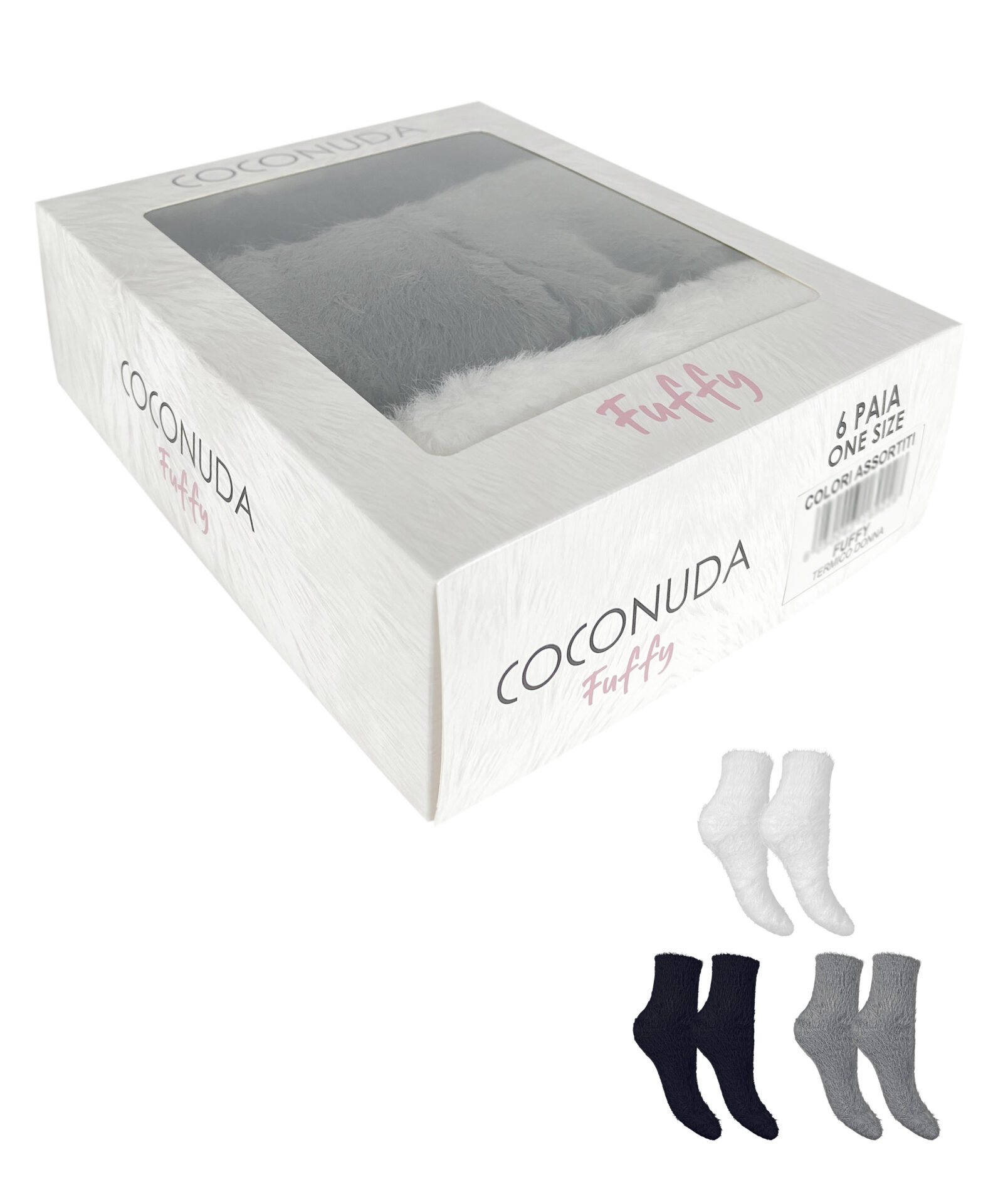 Coconuda-fuffy-box-regalo-calze-invernali-pelose-donna-colori-assortiti-bianco-blu-grigio Box regalo calza invernale pelosa da donna Coconuda